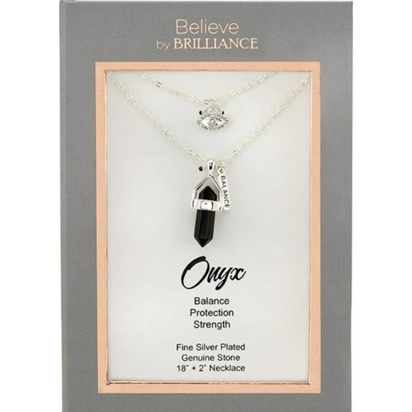 Believe by Brilliance Jewelry - Fine Silver Plated Onyx  and Crystal Evil Eye Two Layer Necklace